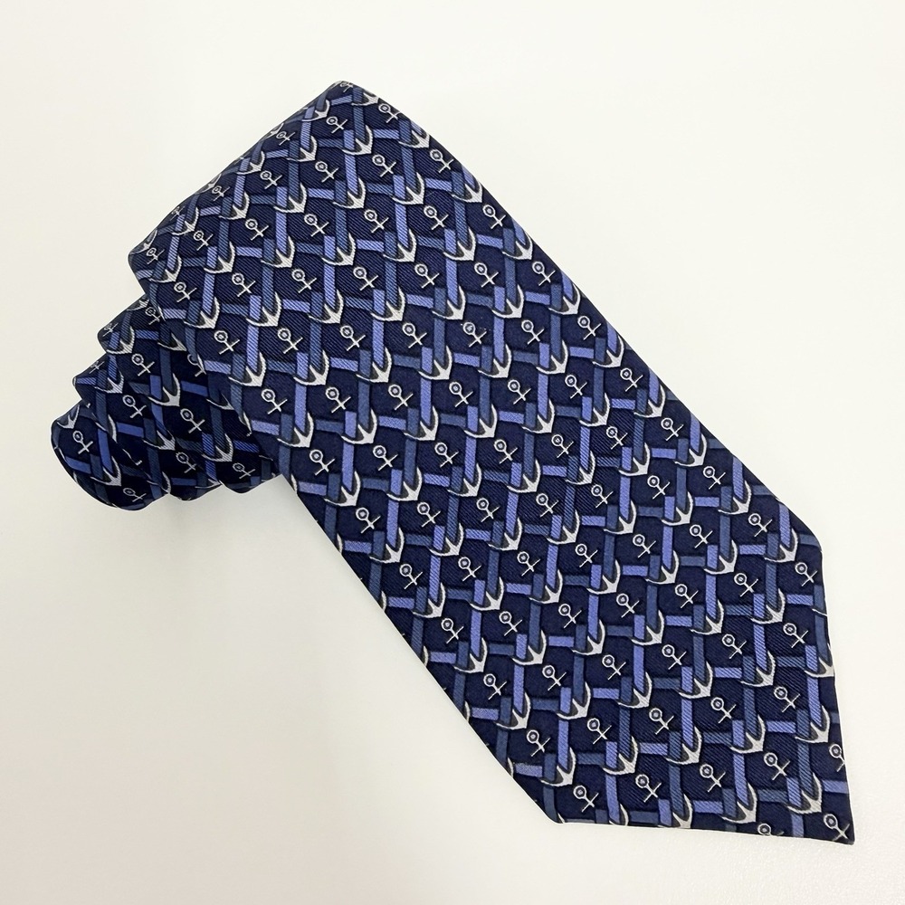 Hermes Mens Tie Nautical Anchors Navy/Blue Silk 7038 TA 3 1/8" (W) x 56" (L) euc - Picture 5 of 7